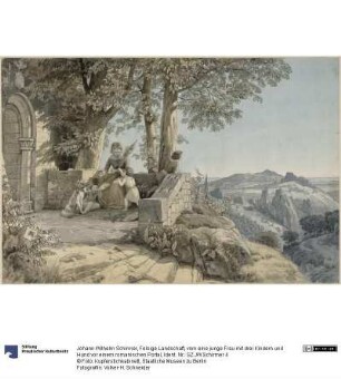 Felsige Landschaft, vorn eine junge Frau mit drei Kindern und Hund vor einem romanischen Portal
