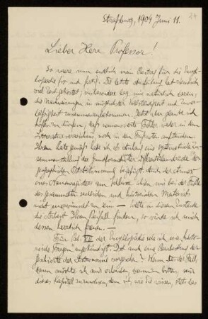 Nr. 24 Brief von Carl Wilhelm Wirtz an Karl Schwarzschild. Straßburg, 11.6.1904