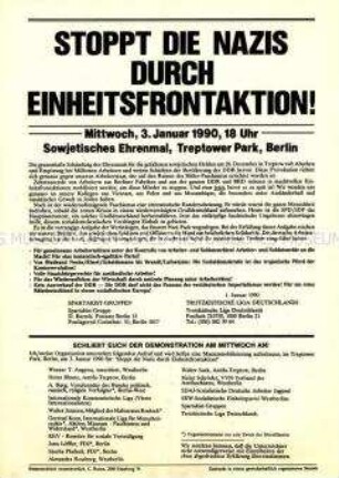 Flugblatt, das zu einer Demonstration gegen die Schändung des Treptower Ehrenmals aufruft