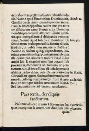 Pars tertia, de reliquiis sanctorum.