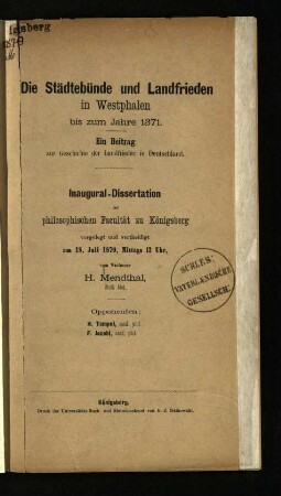 Die Städtebünde und Landfrieden in Westphalen bis zum Jahre 1371