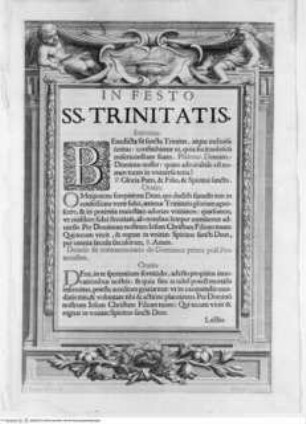 Missale Romanum di Alessandro VII., "In Festo Ss. Trinitatis": Architektonische Rahmung mit Girlanden, Putti, Kartusche