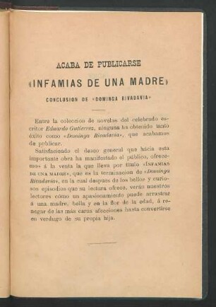 Acaba de publicarse "Infamias de una madre" - Conclusión de "Dominga Rivadavia"