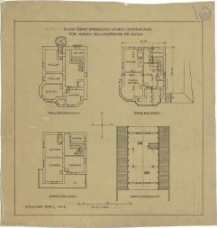 Pfann, Paul; Landhaus Zollinspektor Ed. Glück - Grundriss Keller, Grundriss EG, Grundriss OG, Grundriss DG