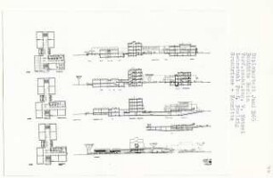 Bauhütte Berlin, Berlin-Wedding (Diplomarbeit bei Peter Poelzig): Grundrisse 4. - 6. Obergeschoss, Ansicht von Osten und Schnitte