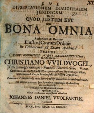 Dissertationem Inauguralem Iuridicam De Eo Quod Iustum Est circa Bona Omnia