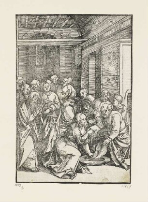 Fußwaschung, aus: Ulrich Pinder, Speculum passionis domini nostri Jesu christi, Nürnberg 1519, S. XVII recto