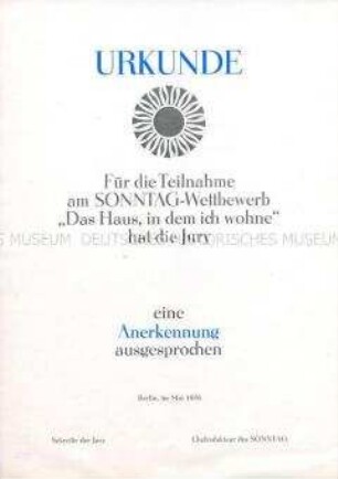 Vordruck einer Urkunde für die Teilnahme am Wettbewerb "Das Haus, in dem ich wohne" (blanko)