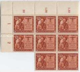 Fragment eines Bogens mit 8 Briefmarken zum 20. Jahrestag des Hitlerputsches am 9. November 1923