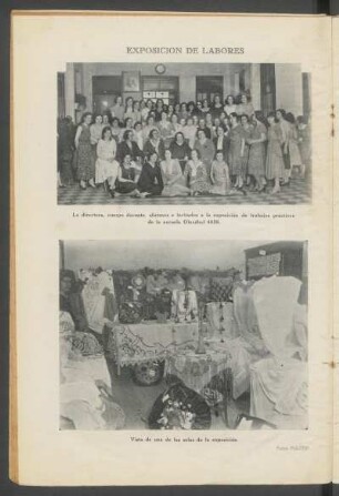 Exposición de labores - [Fotografías] : La directora, cuerpo docente, alumnos e invitados a la exposición de trabajos prácticos de la escuela Olazábal 4058. [y] Vista de una de las salas de la exposición.