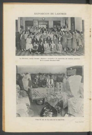 Exposición de labores - [Fotografías] : La directora, cuerpo docente, alumnos e invitados a la exposición de trabajos prácticos de la escuela Olazábal 4058. [y] Vista de una de las salas de la exposición.