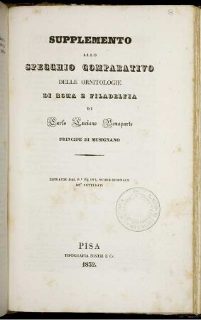 Supplemento Allo Specchio Comparativo Delle Ornitologie Di Roma E Filadelfia