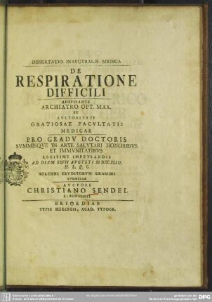 Dissertatio Inauguralis Medica De Respiratione Difficili