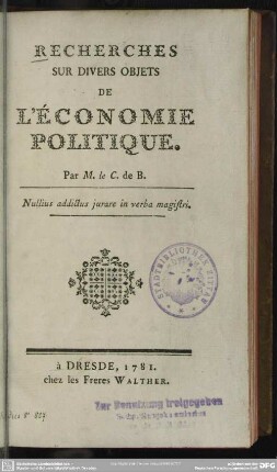 Recherches Sur Divers Objets De L'Économie Politique
