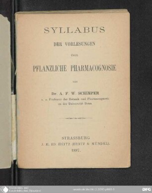 Syllabus der Vorlesungen über pflanzliche Pharmacognosie