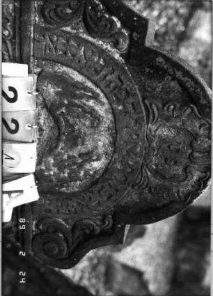 Grabstein 221 (Index: 99752113) Material: Sandstein Zustand: abgeblätt/verwittert mit Textverlust Maße HxBxT: 140x80x13 cm Beschreibung: Stele, in Voluten auslaufender Rundbogenaufsatz, ovales Schriftfeld eingetieft Symbolik: segnende Hände, Ranken, Kartusche, Voluten: Grabstein 221A