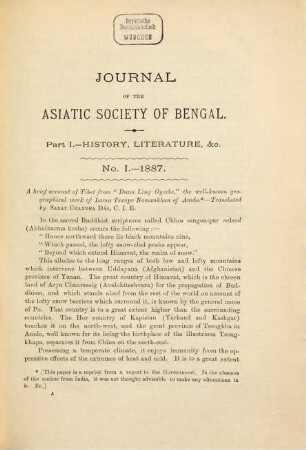 Journal of the Asiatic Society of Bengal. Part 1, History, antiquities, etc, 56. 1887, Part. 1
