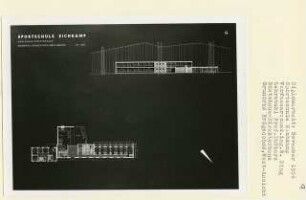 Sportschule Eichkamp, Berlin-Westend (Diplomarbeit bei Kurt Dübbers): Gästehaus, Direktorhaus, Grundriss Erdgeschoss und Ansicht von Westen 1:200