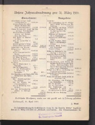 Unsere Jahresabrechnung pro 31. März 1910