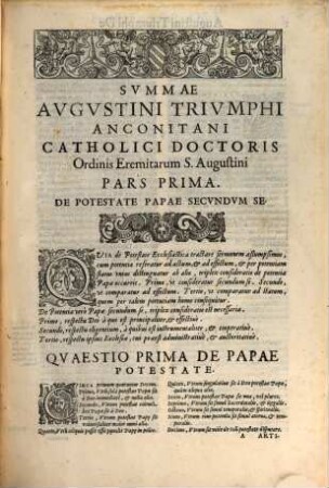 Augustini Triumphi Anconitani Catholici Doctoris summa de potestate ecclesiastica : edita anno domini MCCCXX