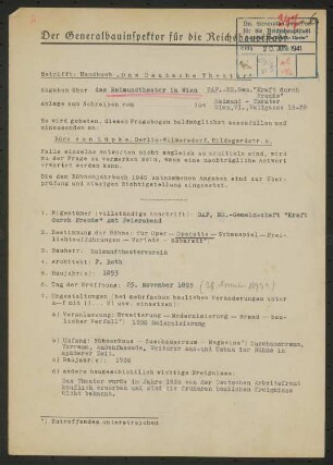Raimundtheater, Wien: Fragebogen für das Handbuch »Das Deutsche Theater«, vierseitiges Dokument
