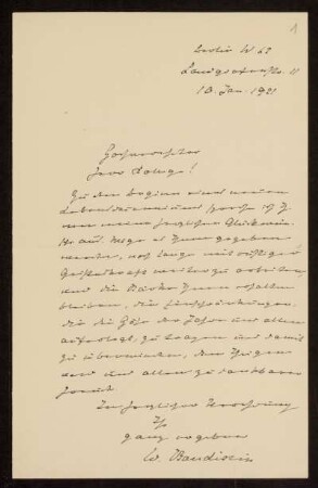 Brief von Wolf Wilhelm von Baudissin an Otto von Gierke, Berlin, 10.1.1921