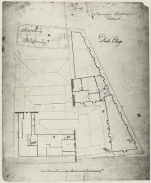Dresden, Residenzschloss, Stallhof, Rüstkammergebäude, Grundriss des Dachgeschosses, farbig getuschte Zeichnung