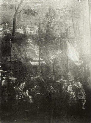 Großes Campement bei Mühlberg oder Zeithainer Lustlager vom 31. Mai bis zum 28. Juni 1730. Ölgemälde, Ausschnitt mit einem Herrscher zu Pferd und Schmuckzelt mit Doppelspitze (osmanisches Zelt ?). 2. H. 18. Jh.?
