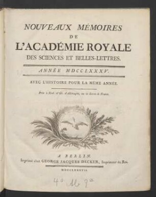 1785: Nouveaux mémoires de l'Académie Royale des Sciences et Belles-Lettres année MDCCLXXXV