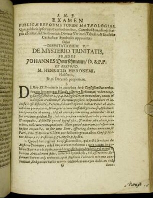 Disputationem V. De Mysterio Trinitatis
