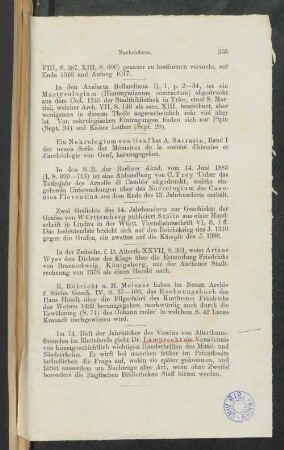 [Nachricht betreffend ein Handschriften-Verzeichnis von Karl Lamprecht im] 74. Heft der Jahrbücher des Vereins von Alterthumsfreunden im Rheinlande