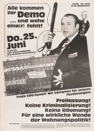 Plakat: "Trotz CDU Senat! Wir kämpfen für unsere Forderungen: Freilassung! Keine Kriminalisierung! Keine Räumung! Für eine wirkliche Wende der Wohnungspolitik!"
