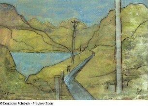 Konstruktive Gebirgslandschaft mit See und Insel (Schottland)