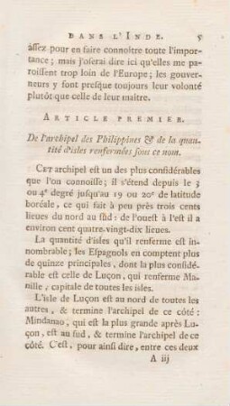 Article premier. De l'archipel des Philippines & de la quantité d'isles renfermées sous ce nom