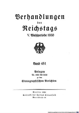 Verhandlungen des Reichstages. Stenographische Berichte. 451. 1930