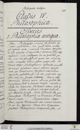 Classis IV. Philosophica. Species I. Philosophia antiqua