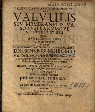 Exercitatio Anatomico-Mecica De Valvulis Sev Membranvlis Vasorvm Earvmqve Structura Et Usu