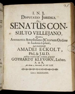 Disputatio Iuridica. De Senatus Consulto Velleiano