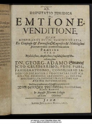 Disputatio Iuridica De Emtione-Venditione
