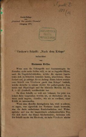Virchow's Schrift: "Nach dem Kriege" : Gratis-Beilage zum "Journal für prakt. Chemie" Jahrgang 1871