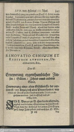 Renovatio Censuum Et Redituum Annuorum, Decimarum, [et]c., Das ist: Ernewerung eygenthumblicher Zinsen, Gülten, Zehend unnd andere Güter