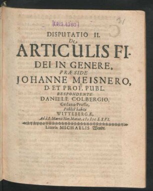 Disputatio II. De Articulis Fidei In Genere