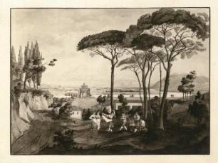 Römische Landschaft mit Tiberbrücke und Staffage : Richter, Ludwig. Römische Landschaft mit Tiberbrücke und Staffage. Aquarellierte Zeichnung. 1831. Dresden: Kupferstich-Kabinett