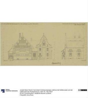 Darmstadt, Dreihäusergruppe, Aufrisse der Südfassaden und der Ostfassade des Predigerhauses