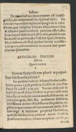 Articulus Tertius sistens Quaestiones.