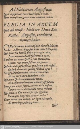 Elegia In Arcem quae ab illust: Electore Duce Saxoniae, Augusto, conditore nomen habet