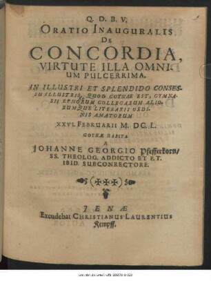 Oratio Inauguralis De Concordia, Virtute Illa Omnium Pulcerrima