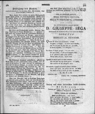 Bey Bibl. Jäck´s Anwesenheit zu Verona wurde eine Prüfung der studierenden Jünglinge auf folgende Art angekündigt: ...