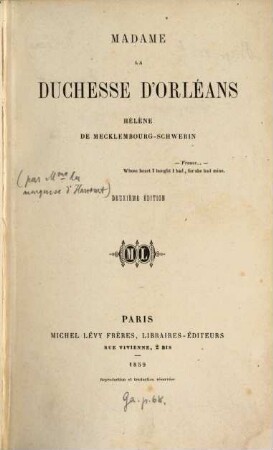 Madame la duchesse d'Orléans Hélène de Mecklembourg-Schwerin