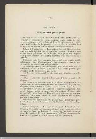 Annexe I - Indications pratiques